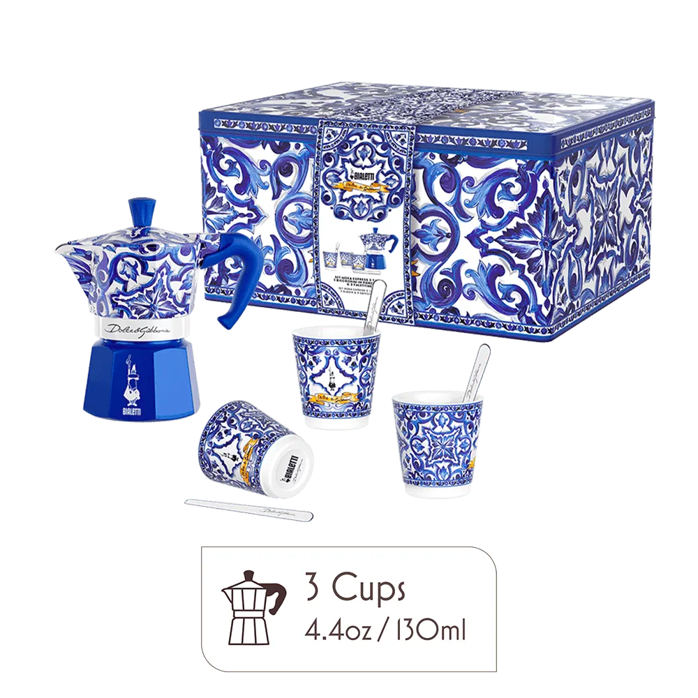 Dolce & Gabbana Gift Set – 3-Cup Moka Pot + 3 Cups & Stirrers - Blu Mediterraneo